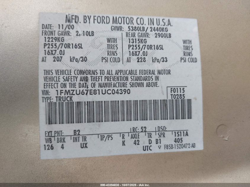 2001 Ford Explorer Sport Trac VIN: 1FMZU67E81UC04390 Lot: 43436646