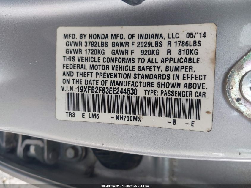 2014 Honda Civic Ex VIN: 19XFB2F83EE244530 Lot: 43394839