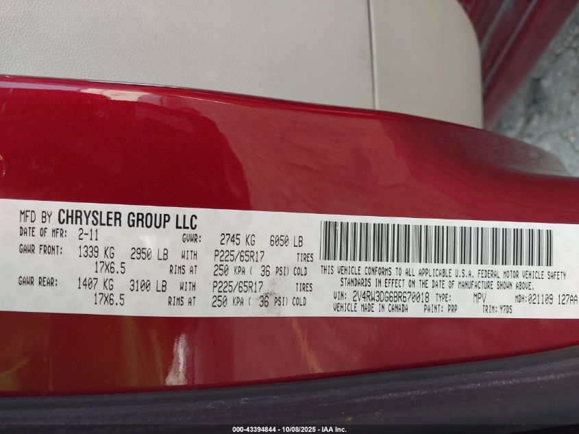 2011 Volkswagen Routan Se VIN: 2V4RW3DG6BR670018 Lot: 43394844