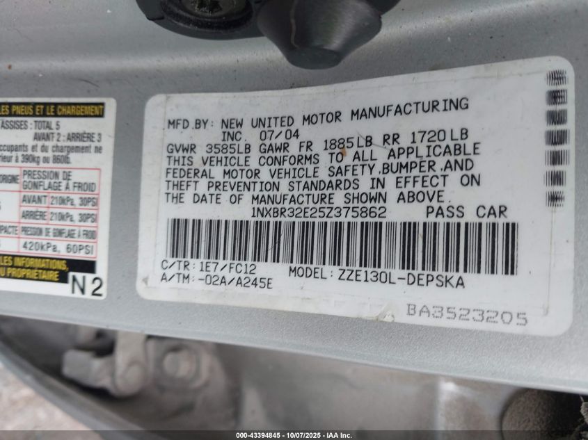 2005 Toyota Corolla S VIN: 1NXBR32E25Z375862 Lot: 43394845