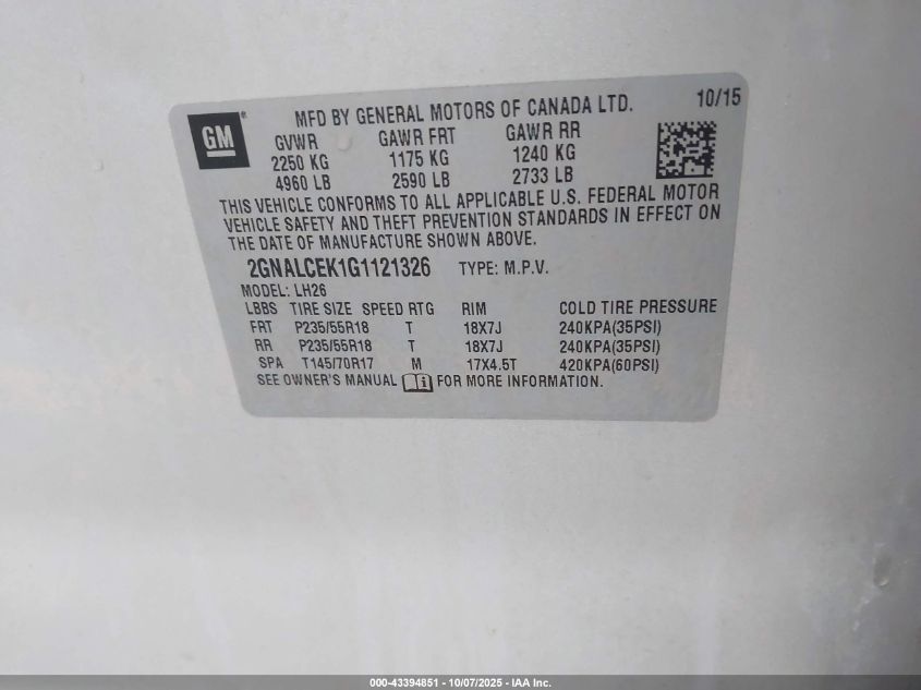 2016 Chevrolet Equinox Lt VIN: 2GNALCEK1G1121326 Lot: 43394851