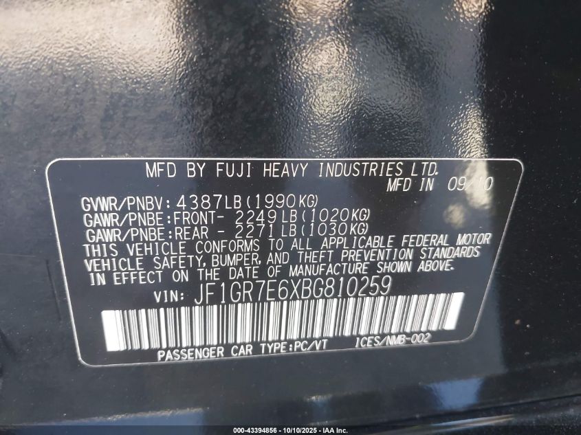 2011 Subaru Impreza Wrx Premium VIN: JF1GR7E6XBG810259 Lot: 43394856