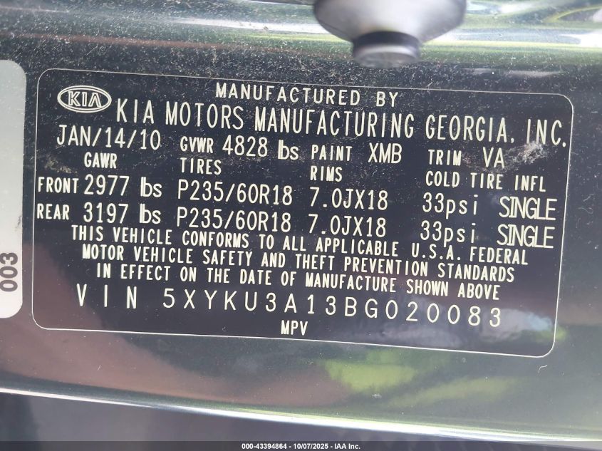 2011 Kia Sorento Ex VIN: 5XYKU3A13BG020083 Lot: 43394864