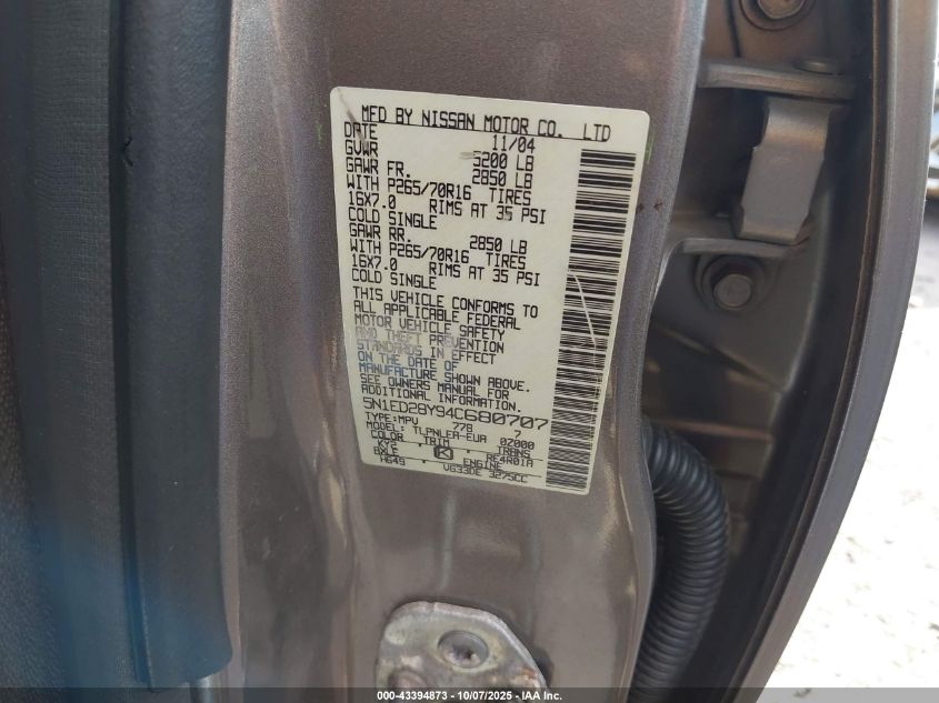 2004 Nissan Xterra Xe VIN: 5N1ED28Y94C680707 Lot: 43394873