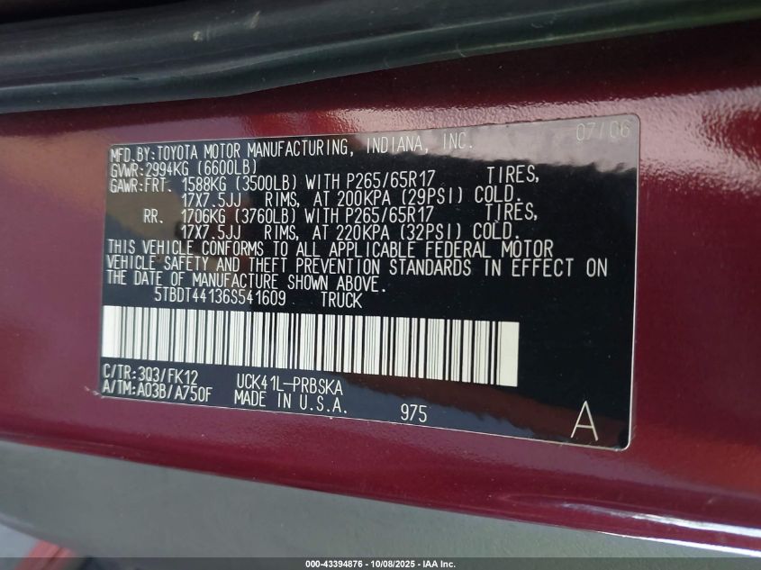 2006 Toyota Tundra Sr5 V8 VIN: 5TBDT44136S541609 Lot: 43394876