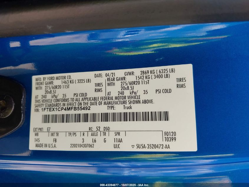 2021 Ford F-150 Xlt VIN: 1FTEX1CP4MFB55492 Lot: 43394877