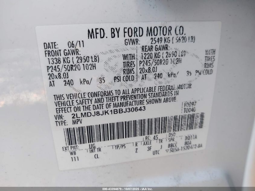 2011 Lincoln Mkx VIN: 2LMDJ8JK1BBJ30643 Lot: 43394879