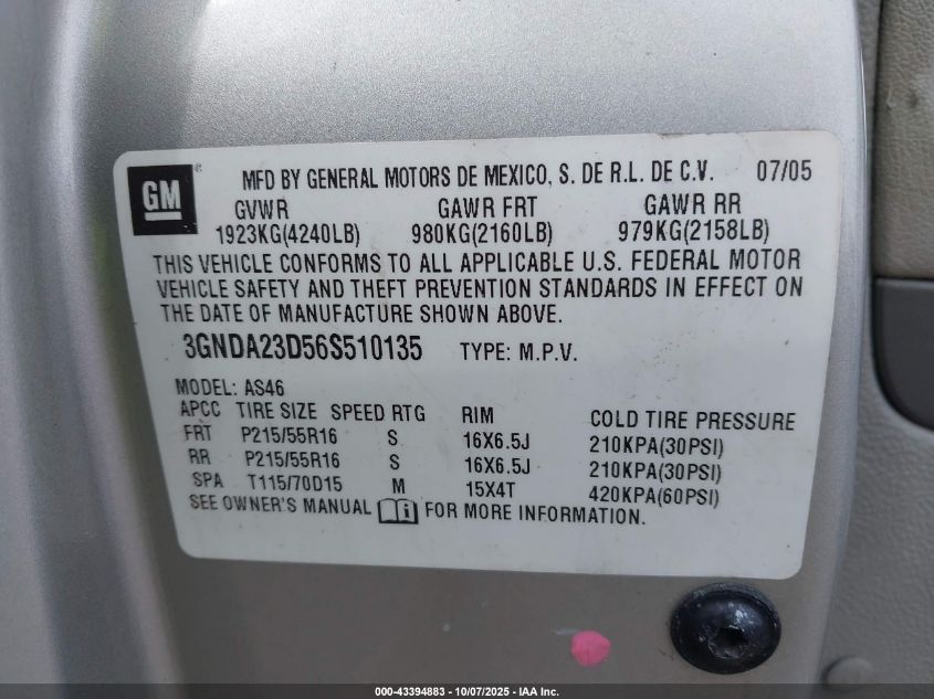 2006 Chevrolet Hhr Lt VIN: 3GNDA23D56S510135 Lot: 43394883