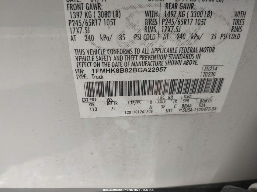 2011 Ford Explorer VIN: 1FMHK8B82BGA22957 Lot: 43394884