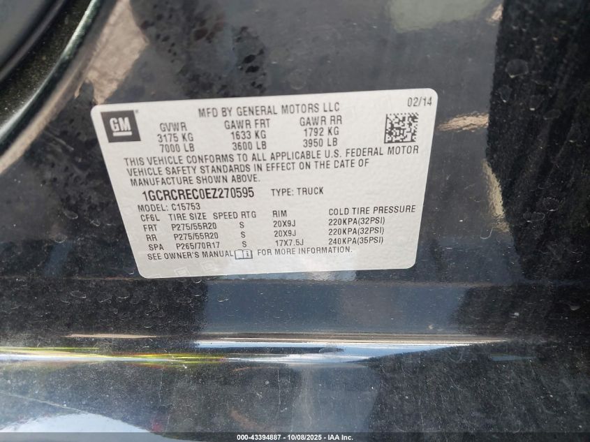 2014 Chevrolet Silverado 1500 1Lt VIN: 1GCRCREC0EZ270595 Lot: 43394887