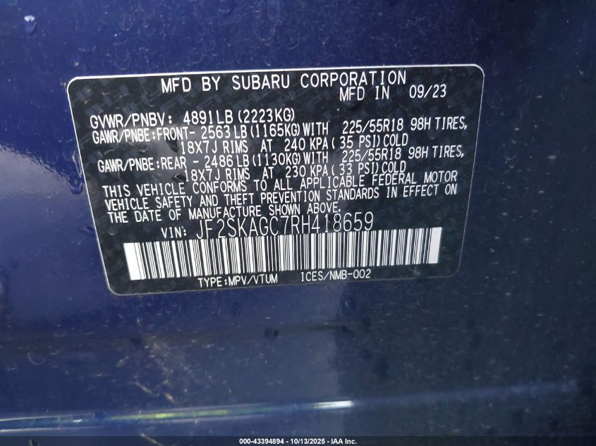 2024 Subaru Forester Sport VIN: JF2SKAGC7RH418659 Lot: 43394894