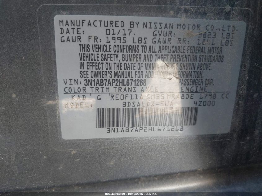 2017 Nissan Sentra Sv VIN: 3N1AB7AP2HL671268 Lot: 43394899