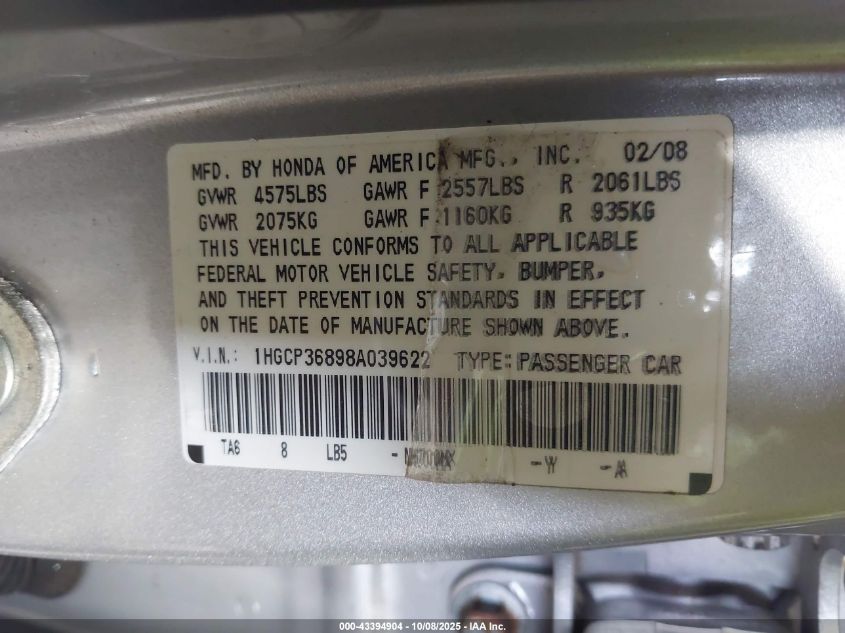 2008 Honda Accord 3.5 Ex-L VIN: 1HGCP36898A039622 Lot: 43394904