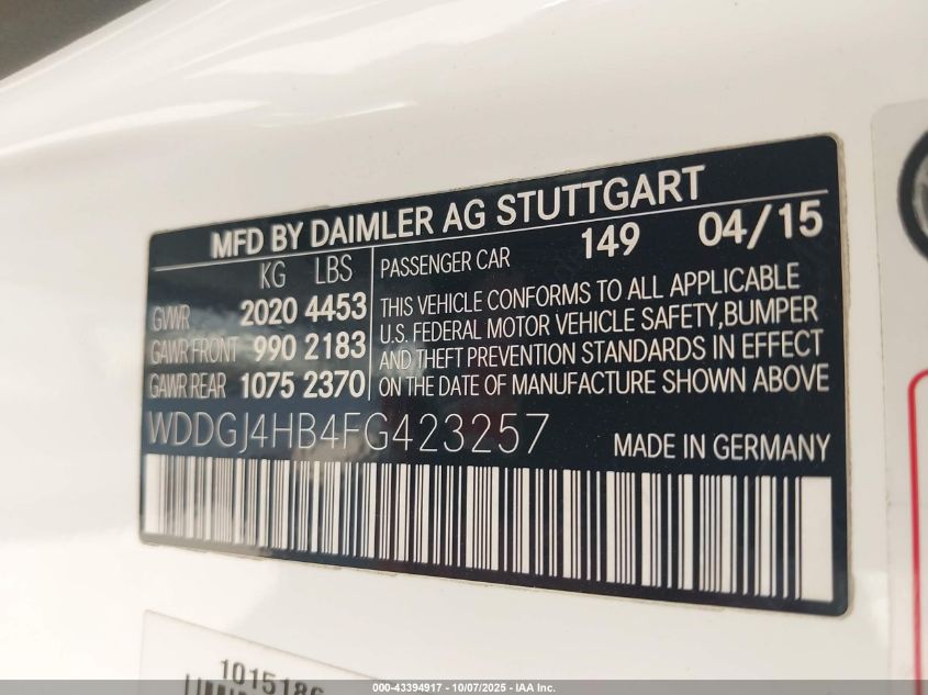 2015 Mercedes-Benz C 250 VIN: WDDGJ4HB4FG423257 Lot: 43394917