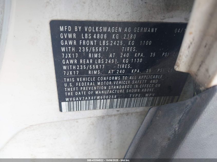 2015 Volkswagen Tiguan Se VIN: WVGAV7AX8FW600258 Lot: 43394922