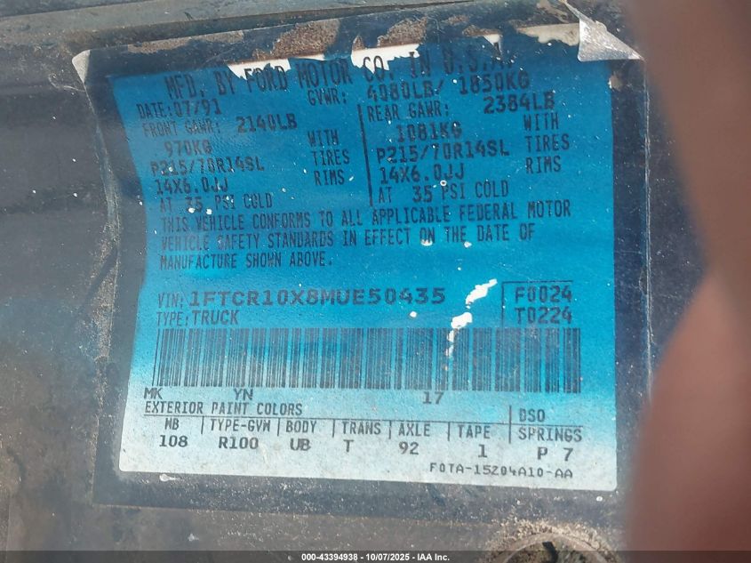 1991 Ford Ranger VIN: 1FTCR10X8MUE50435 Lot: 43394938