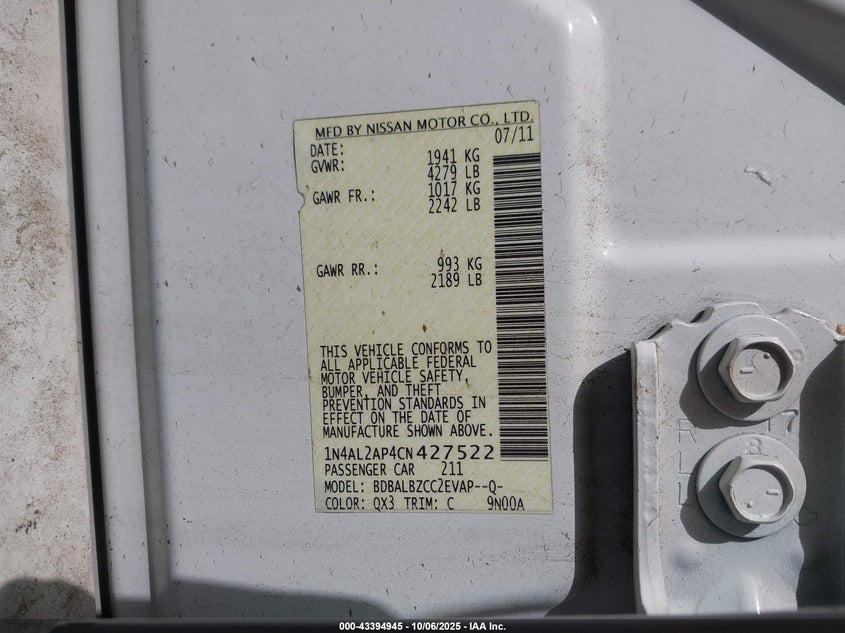 2012 Nissan Altima 2.5 S VIN: 1N4AL2AP4CN427522 Lot: 43394945