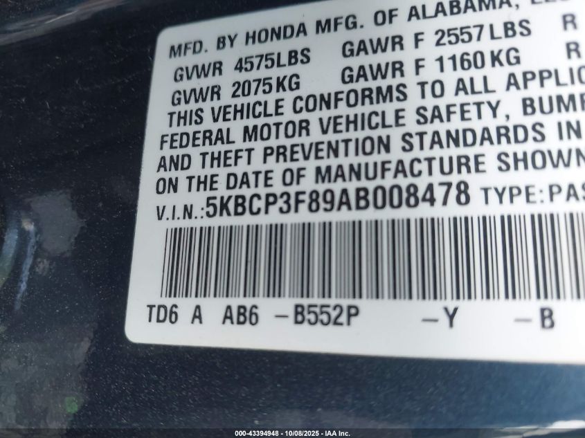 2010 Honda Accord 3.5 Ex-L VIN: 5KBCP3F89AB008478 Lot: 43394948