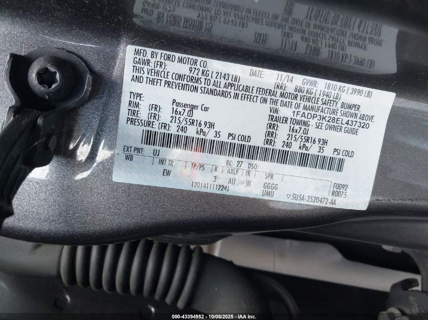 2014 Ford Focus Se VIN: 1FADP3K28EL437320 Lot: 43394952