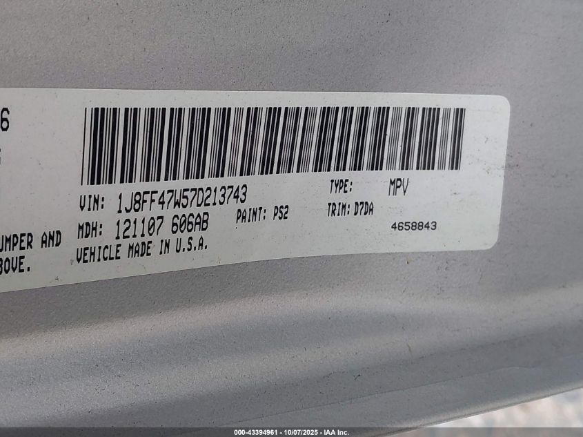 2007 Jeep Compass Sport VIN: 1J8FF47W57D213743 Lot: 43394961