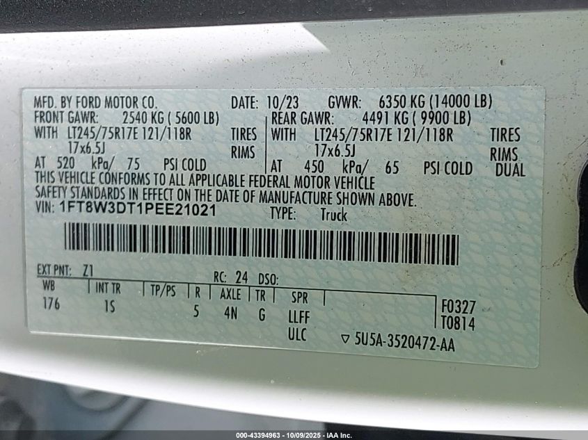 2023 Ford F-350 VIN: 1FT8W3DT1PEE21021 Lot: 43394963
