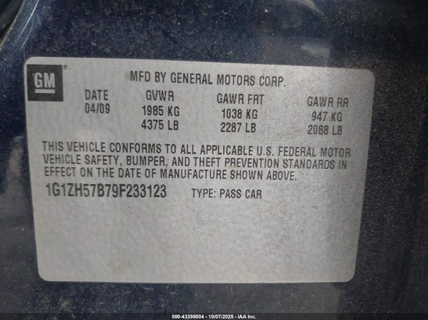 2009 Chevrolet Malibu Lt VIN: 1G1ZH57B79F233123 Lot: 43395004