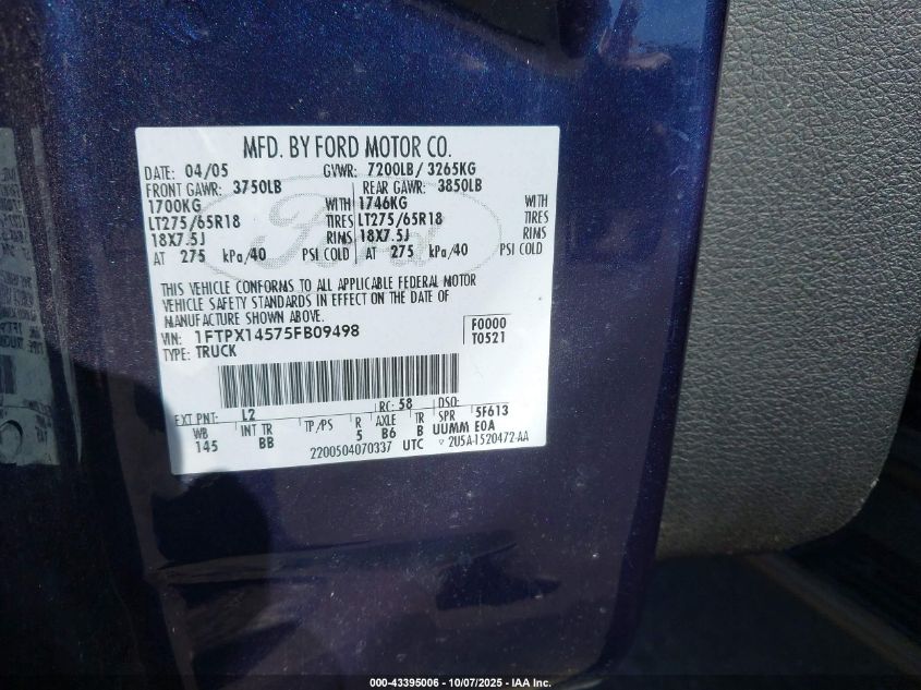 2005 Ford F-150 VIN: 1FTPX14575FB09498 Lot: 43395006