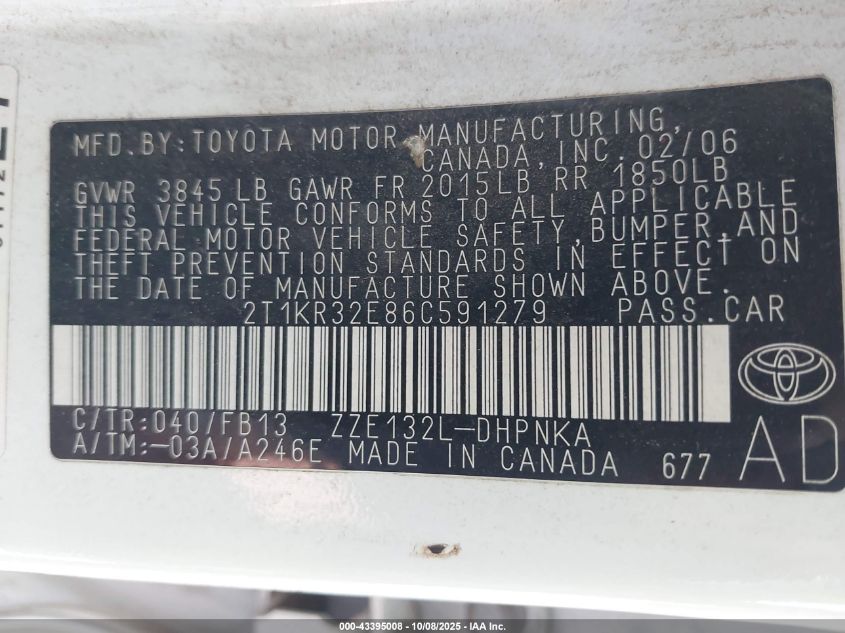 2006 Toyota Matrix Xr VIN: 2T1KR32E86C591279 Lot: 43395008