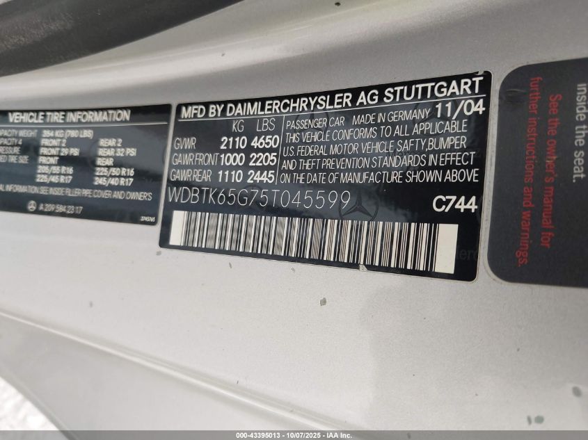 2005 Mercedes-Benz Clk 320 VIN: WDBTK65G75T045599 Lot: 43395013