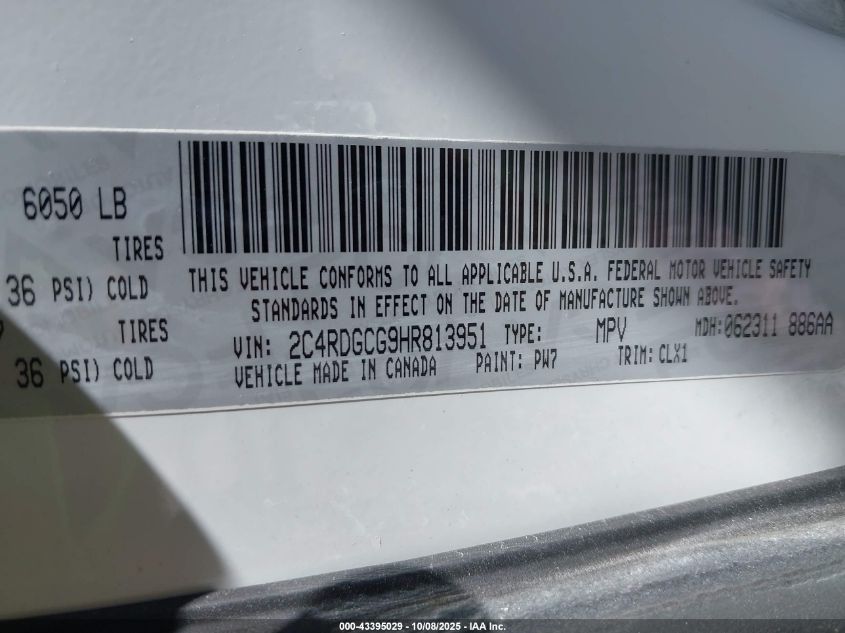 2017 Dodge Grand Caravan Sxt VIN: 2C4RDGCG9HR813951 Lot: 43395029