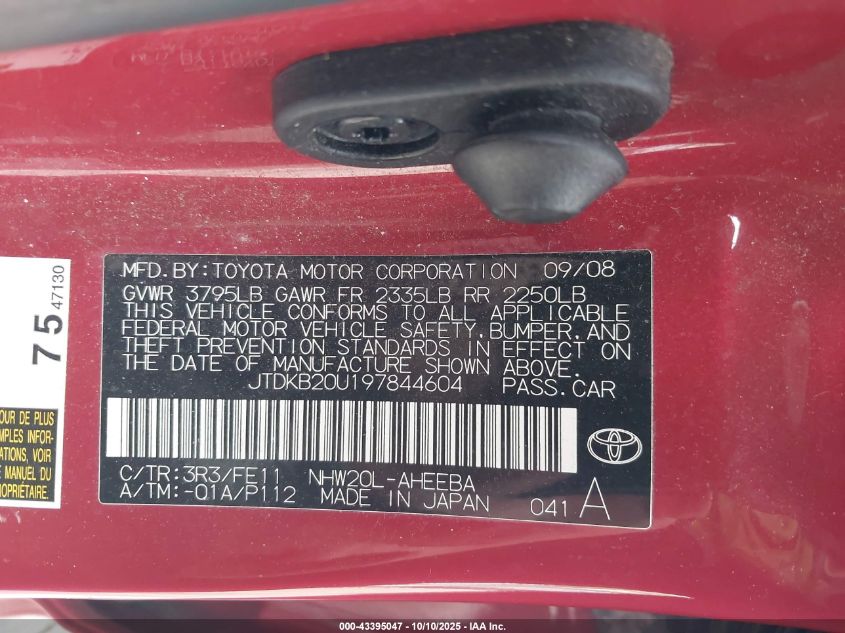 2009 Toyota Prius VIN: JTDKB20U197844604 Lot: 43395047