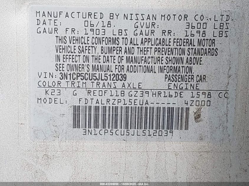 2018 Nissan Kicks S VIN: 3N1CP5CU5JL512039 Lot: 43395058