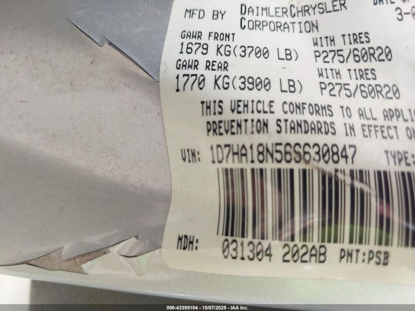 2006 Dodge Ram 1500 Slt VIN: 1D7HA18N56S630847 Lot: 43395104