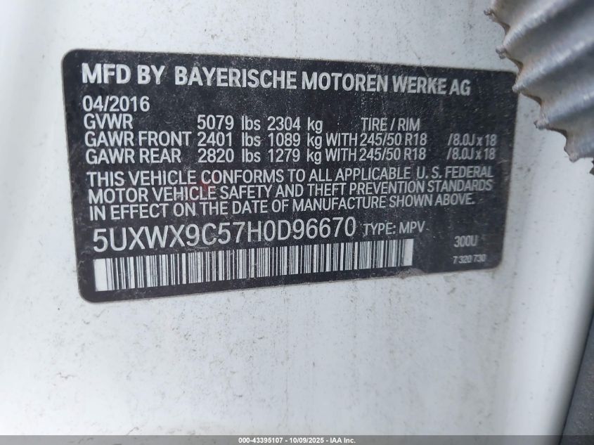 2017 BMW X3 xDrive28I VIN: 5UXWX9C57H0D96670 Lot: 43395107