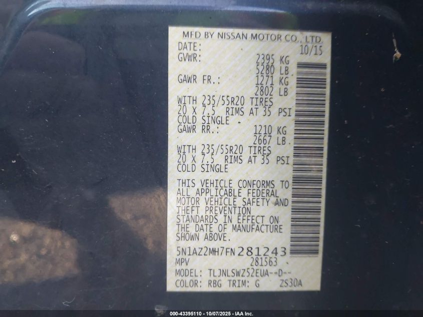 2015 Nissan Murano Platinum VIN: 5N1AZ2MH7FN281243 Lot: 43395110