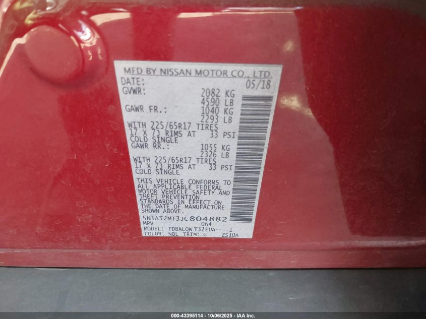 2018 Nissan Rogue Sv VIN: 5N1AT2MT3JC804882 Lot: 43395114