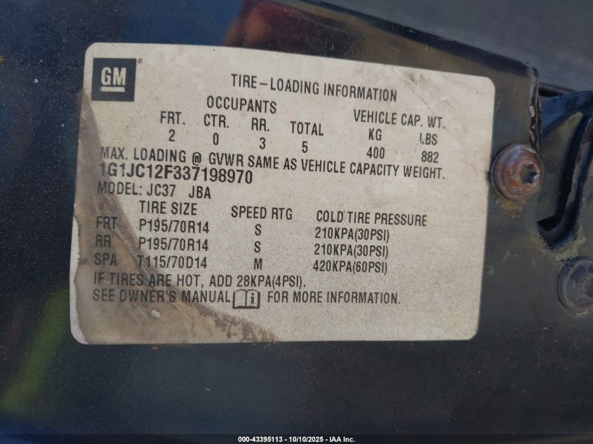 2003 Chevrolet Cavalier VIN: 1G1JC12F337198970 Lot: 43395113