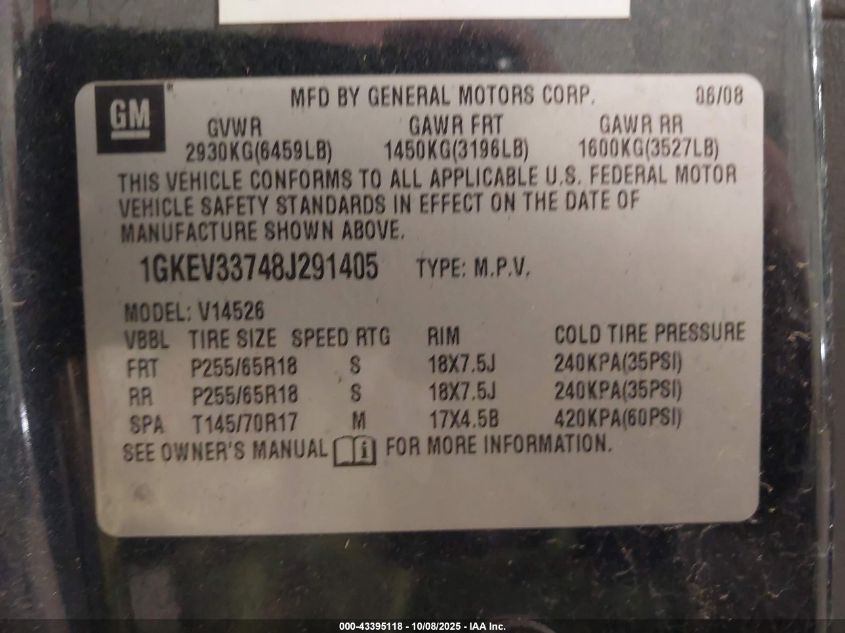 2008 GMC Acadia Slt2 VIN: 1GKEV337481291405 Lot: 43395118