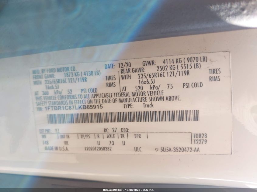 2020 Ford Transit-250 VIN: 1FTBR1C87LKB65915 Lot: 43395139