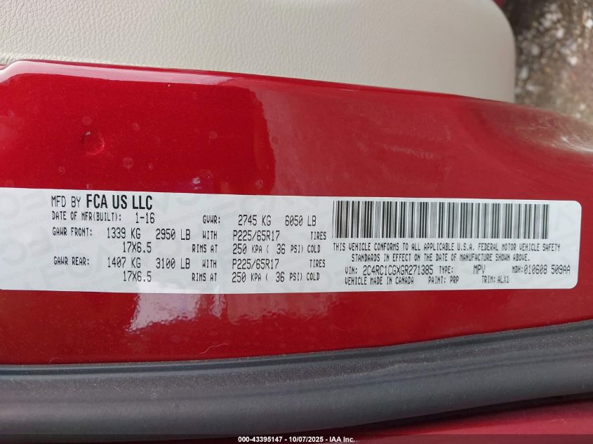 2016 Chrysler Town & Country Touring-L Anniversary Edition VIN: 2C4RC1CGXGR271385 Lot: 43395147