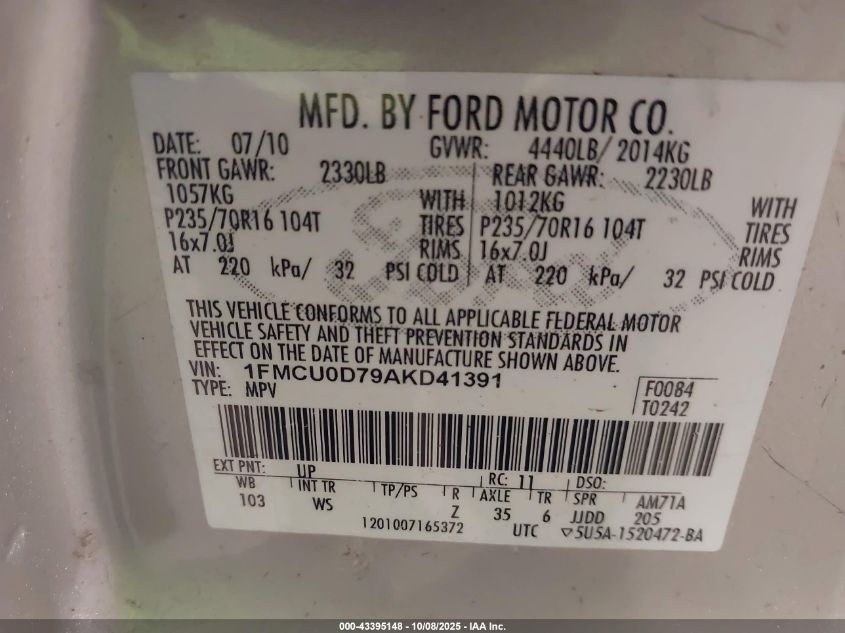 2010 Ford Escape Xlt VIN: 1FMCU0D79AKD41391 Lot: 43395148