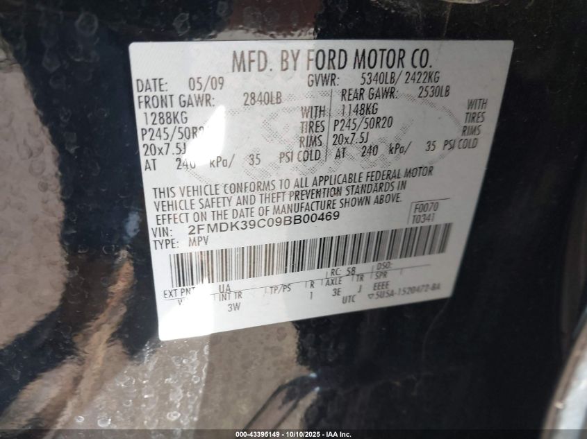 2009 Ford Edge Limited VIN: 2FMDK39C09BB00469 Lot: 43395149