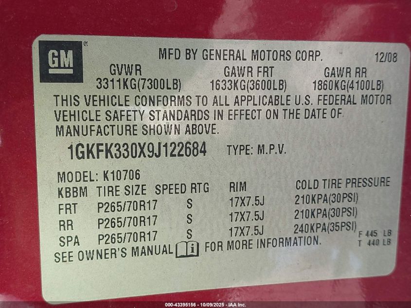 2009 GMC Yukon Slt2 VIN: 1GKFK330X9J122684 Lot: 43395156