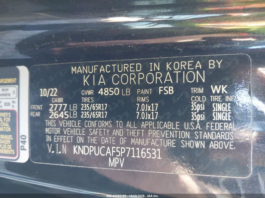 2023 Kia Sportage Lx VIN: KNDPUCAF5P7116531 Lot: 43395160