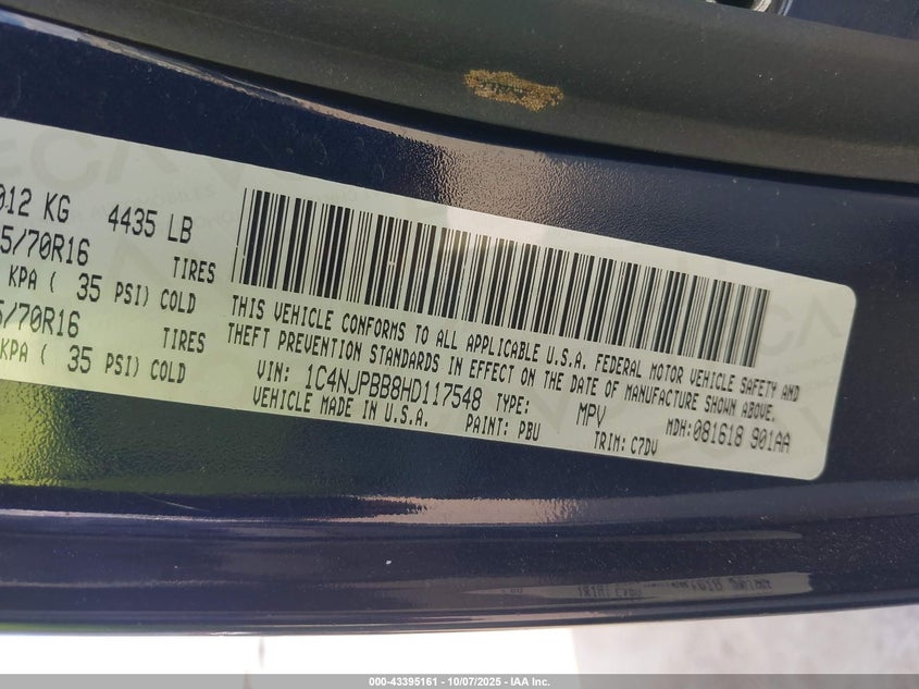 2017 Jeep Patriot Sport Fwd VIN: 1C4NJPBB8HD117548 Lot: 43395161