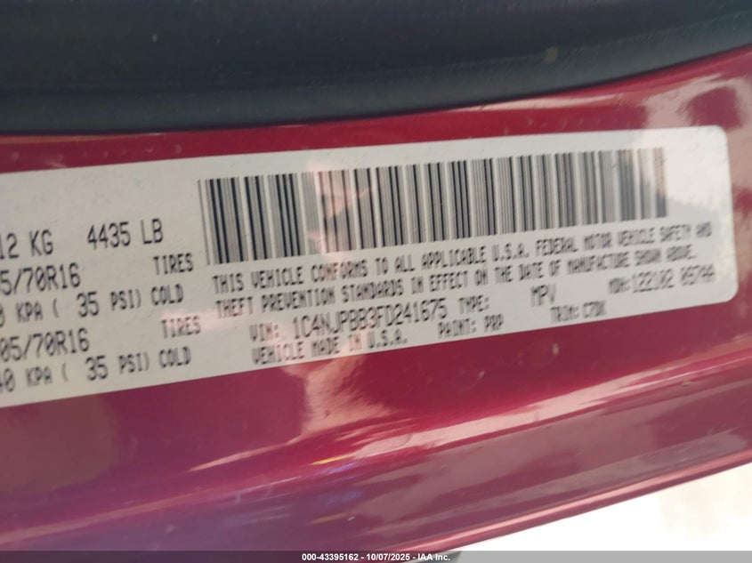 2015 Jeep Patriot Sport VIN: 1C4NJPBB3FD241675 Lot: 43395162