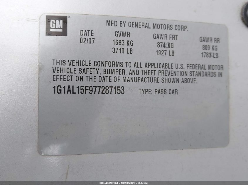 2007 Chevrolet Cobalt Lt VIN: 1G1AL15F977287153 Lot: 43395164