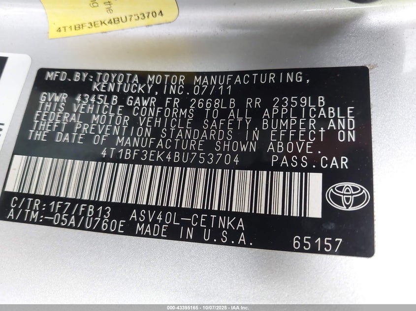 2011 Toyota Camry VIN: 4T1BF3EK4BU753704 Lot: 43395165