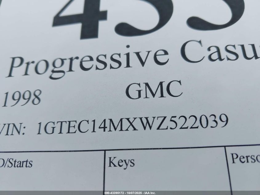 1998 GMC Sierra 1500 Sl Wideside VIN: 1GTEC14MXWZ522039 Lot: 43395172