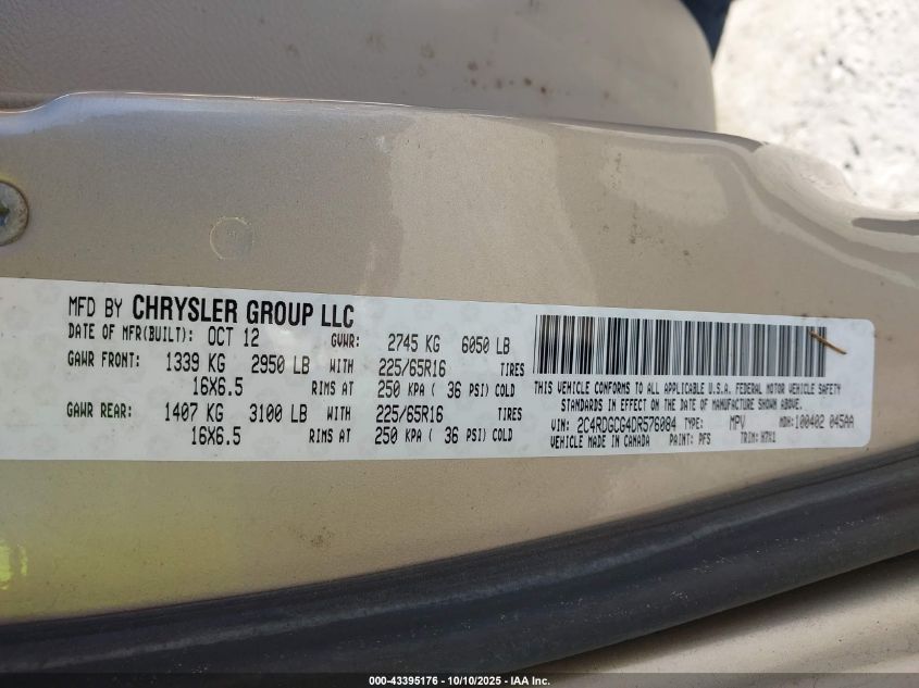 2013 Dodge Grand Caravan Sxt VIN: 2C4RDGCG4DR576084 Lot: 43395176